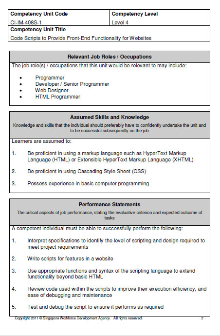 Relevant Job Roles/Occupations, Assumed Skills and Knowledge, Performance Statements
