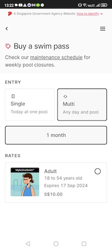 The new 10 SGD monthly swim pass interface.